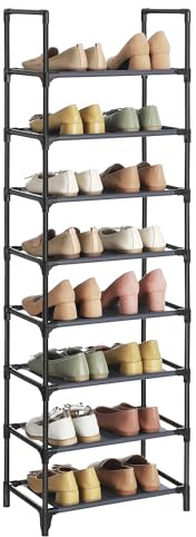 SONGMICS Zapatero, Organizador Zapatos, 8 Baldas, Zapatero Abierto Estrecho, 28 x 46 x 145 cm, Marco de Metal, Estantes de Tela no Tejida, para Pasillo, Dormitorio, Gris LSR024G02