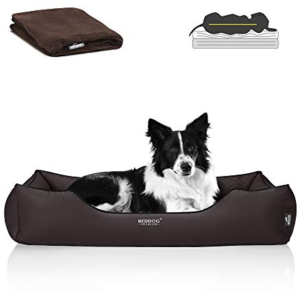 BedDog Premium Orthopädisches Hundebett Buffy, Hundesofa aus Kunstleder, Abnehmbarer Bezug, Kuschel-Decke Zugabe - Chocolate (braun)