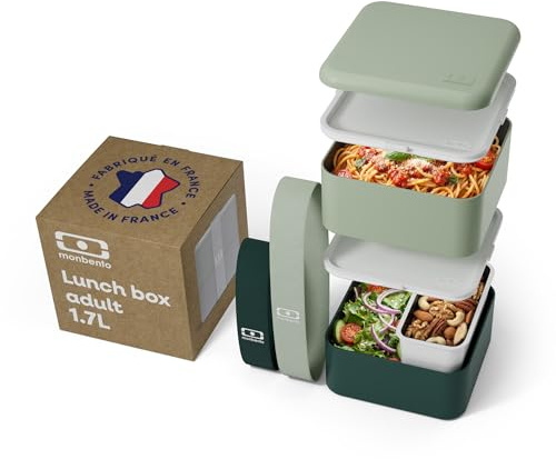 MONBENTO - Gross Bento Box MB Square Natural mit Fächern Made in France - Auslaufsicher Lunchbox Perfekt für Büro/Meal Prep/Schule - BPA Frei - Lebensmittelecht - Grün