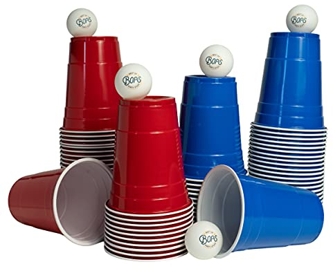 BOPS® [50+5 Premium Bierpong Set | 25 rote + 25 Blaue Wiederverwendbare Partybecher + 5 Bälle | 473ml 16oz red & Blue Cups