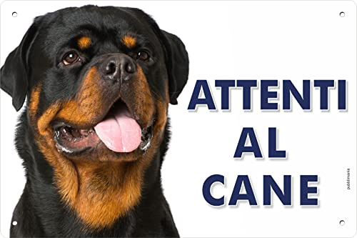 Pubblimania Cartello Attenti al Cane Rottweiler - Targa Segnaletica in Alluminio composito 3 mm di spessore - Resistente alle Intemperie e ai Raggi UV - Fori Pre-perforati (Cm 20x15)