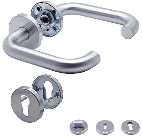 APECS Door Handle Set Room Doors INOX Door Handle for Front Door and Internal Doors Door Fitting Round Rosette Fitting Stainless Steel Matt Handle Set U-Model H-0203+PZ