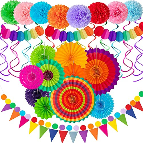 33Pcs Fiesta Party Decoration Kit - Colorful Hanging Paper Fans, Tissue Pompoms, Rainbow Swirls, Triangle Bunting Flags for Birthday, Wedding, Mexican Party Decor