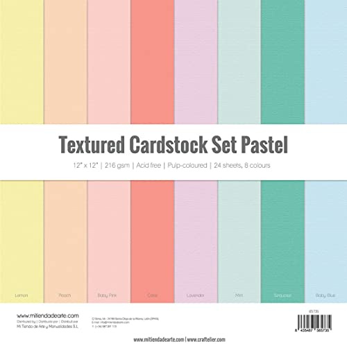 Craftelier - Cardstock Set Textura Pastel | Pack de 24 Cartulinas a Doble Cara para Proyectos de Tarjetería, Scrapbooking y Manualidades | Gramaje 216 gr | Tamaño 30,48 cm x 30,48 cm (12 x 12)