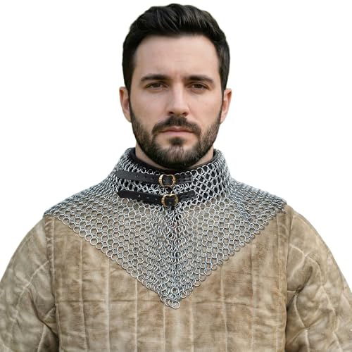 Lord of Battles Kettennetz-Halsband, mittelalterlicher Halsschutz, 10 mm, 16 G, konifizierte Ringe, Baustahl, Maille, Halsschutz