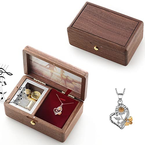 JYmusic Boîte à musique en bois massif naturel avec mécanisme d'horlogerie - Boîte à bijoux - Cadeau pour anniversaire, Saint-Valentin, mariage, Noël, anniversaire de mariage (bois de noyer, mélodie
