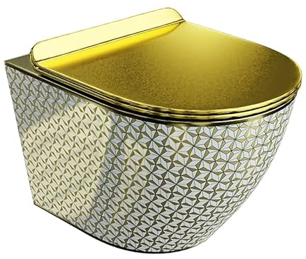 LAVITA Sofi Slim Golden Never Die - WC suspendu - Abattant de WC avec système d'abaissement automatique et charnières métalliques - Toilettes suspendues sans bord - 365 x 490 x 395 mm - Doré/blanc