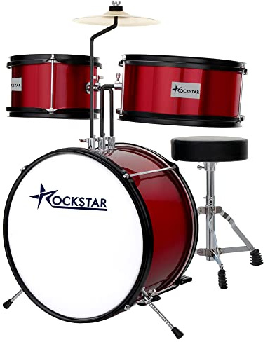 ROCKSTAR MUSIC - Batería Infantil de Madera para Jóvenes Músicos - Kit Completo de Percusión, Calidad Sonora Excepcional, Diseño Ergonómico - Incluye Asiento, Pedal de Bombo, Baquetas, Vino metalizado