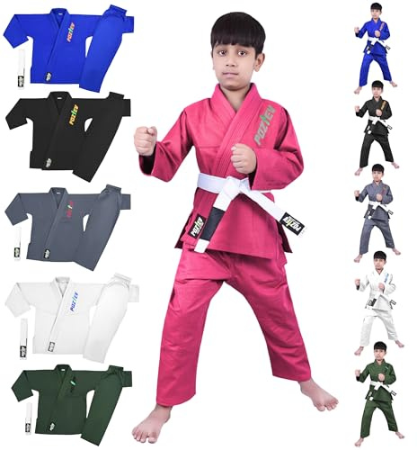 POZTEV Kids Brazilian Jiu Jitsu Gi for Kids BJJ Gi Youth Grappling Kimonos Preshrunk Lightweight Children Martial Arts Training Uniform with Free White Belt (P,K00)
