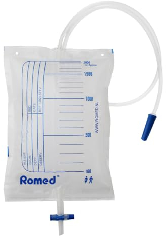 ROMED Bolsas de Orina 2 Litros Transparentes - Pack de 30 Unidades | Colector Urinario con Tubo Flexible de 90 cm y Válvula Anti-Reflujo | Diseñadas para Incontinencia en Hombre y Mujer