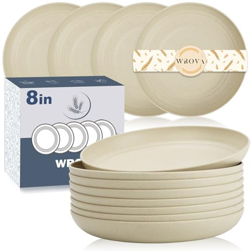 Wrova Plastic Dinner Plates Sets of 8-Unbreakable Plastic Plates Reusable 8 Inch,Dishwasher & Microwave Safe Plate - Lightweight Plate for Outdoor(Beige)