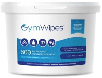 Gym Wipes - 600 Heavy-Duty Antibacterial Wipes in Bucket Dispenser - Eliminates 99.9% of Germs - Perfect for Gyms, Fitness Studios, Health Clubs, Offices & Homes - Refillable Bucket