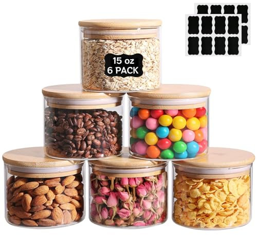 Eidoct 15oz/450ml Glass Food Storage Jars Set of 6, High Borosilicate Clear Kitchen Pantry Food Canister Container For Cereal, Pantry Organization Jar, Spice, Salt, Tea, Coffee and Sugar Container