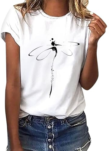 heekpek T Shirt Donna Manica Corta Bianca Cotone Maglietta Manica Corta Donna Casual Girocollo Stampa Estiva Base Tee Bluse, Libellula Nera, M