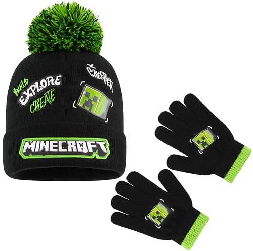 MINECRAFT Berretto Invernale Bambino Set con Cappello e Guanti o Cappellino, Guanti con Sciarpa, Creeper Regalo Ragazzo (6-14 Anni, Verde Graffiti, 2 Pezzi)