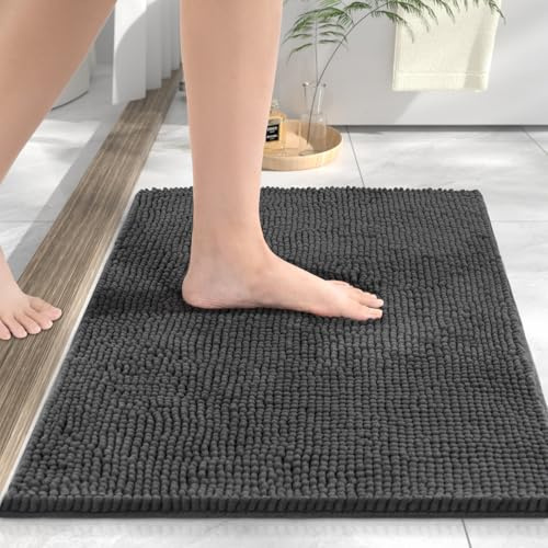 HITSLAM Alfombra De Baño De Chenilla, Antideslizante, 60x40cm, Antracita | Súper Absorbente, Secado Rápido, Lavable A Máquina, Textura Suave, Lavable a Máquina para Ducha, Bañera, WC o Baño