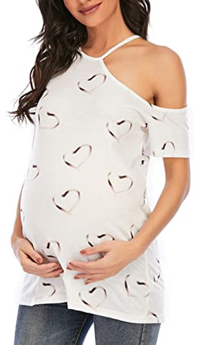 TDEOK mamma-t-shirt för kvinnor, klassisk topp, t-shirt, blivande mödrar, gravidkläder, rund hals, axelfri, korta ärmar damer, t-shirt svart, Vit, M
