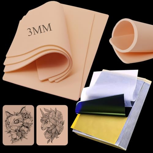 5 Stück Kunsthaut Tattoo 3mm und 20pcs Stencil Papier A4 für Tatoo Zubehör | Rayyl 25PCS Tattoo Zubehör Set, reißfeste übungshaut 3mm, verwischfreies Stencil Papier, ideal für Tattoo Anfänger & Profis