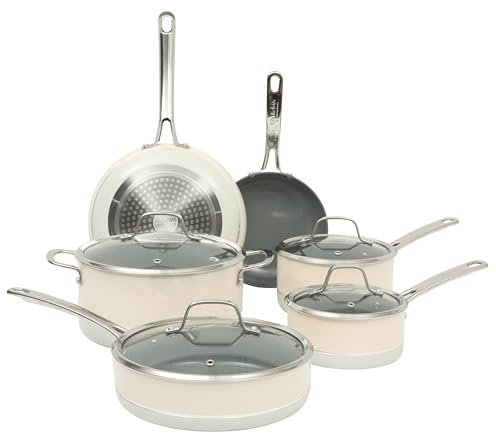 Sur La Table Kitchen Essentials Viva La Cantina 10 Piece PFA Free Titanium Ceramic Nonstick Interior Forged Aluminum Cookware Pots and Pans Set - 2 Tone White & Silver - Induction Compatible