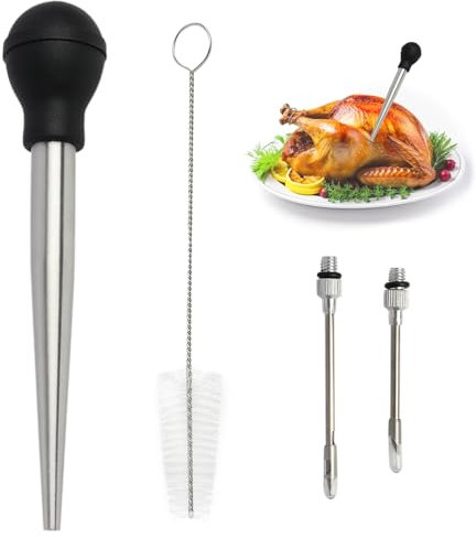 Jeringa de Cocina para Asar de Acero Inoxidable, Inyector de Sabor para Carnes, 2 Agujas de Marinado, Tubo de Acero y Cepillo de Limpieza, Herramienta para Cocina y Asados