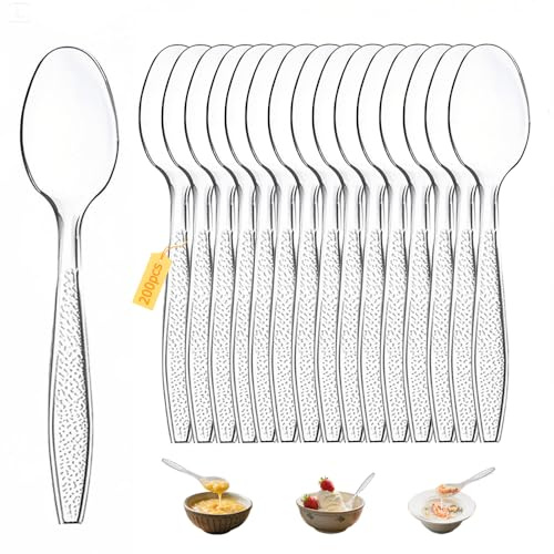 Plastikbesteck, Party Besteck Plastik, Plastik Plastiklöffel Party Besteck Wiederverwendbar für Familie Partys Geburtstagsfeiern Hochzeiten (Transparent, 200 Stück Plastiklöffel)
