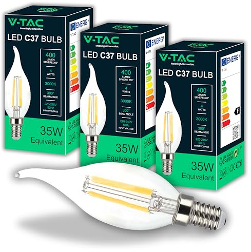 V-TAC 3x Ampoules LED Filament Bougie Flamme E14-4W (équivalent à 35W) 400 Lumen - 3000K Blanc Chaud - Ouverture du faisceau lumineux 180° - Ampoule Efficacité Maximale et Économie d'Énergie