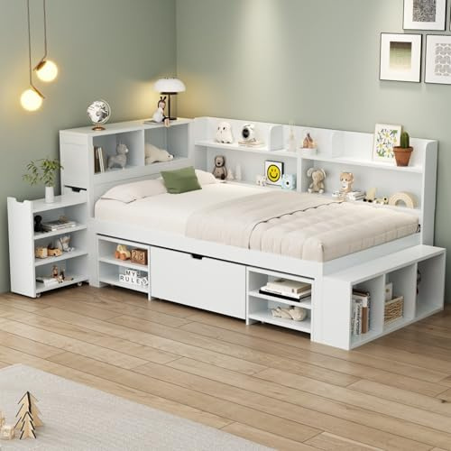 Merax Kinderbett 90x200 cm, Multifunktionales Einzelbett mit Schubladen, Bücherregal und Stauraum, Weiß, Lattenrost, ohne Matratze, mit großem Stauraum