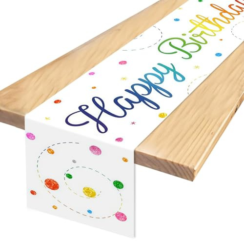 TaimeiMao Bunt Happy Birthday Tischdecke,Geburtstagsdeko,180 X 35 cm(Weiß | Tischläufer Geburtstag,Tischdeko Geburtstag für Junge Mädchen Table Runner Birthday,Party Dekoration