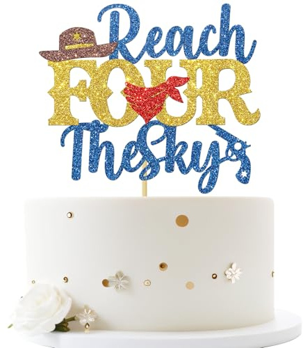 Reach Four the Sky Cake Topper, Story Theme Four Years Old Birthday Party Cake Picks/Kids Boys Girls Favors Birthday Supplies Cowboy Cowgirl