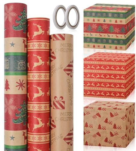 GAOHUI 3 Rollen Geschenkpapier Weihnachten, 43cm x 3M Weihnachtsgeschenkpapier Rolle mit 2 Doppelseitigen Klebebändern – Recycelbares Braunes Kraftpapier Rolle für Geschenkverpackung Weihnachten