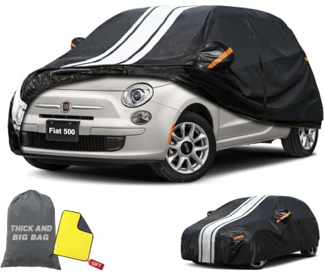 Cowtcver Autoabdeckung Wasserdicht Atmungsaktiv für FIAT 500 2010-2026 | 10 Schichten Vollgarage Autoplane für Sonne Regen Staub Schutz, Abdeckplane mit Reißverschluss und Baumwollfutter.