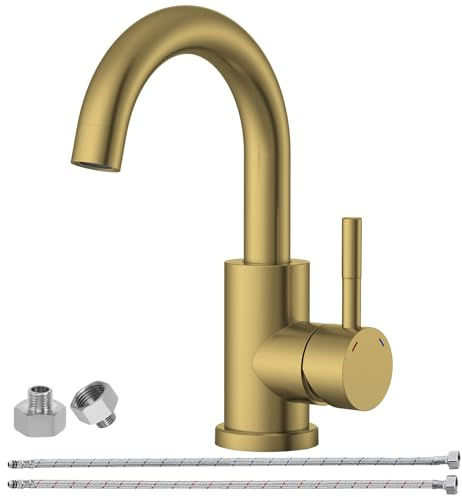 Wasserhahn Bad Gebürstetes Gold Wasserhahn Küche Edelstahl 360°Drehbar | Waschtischarmatur 360°Drehbar Einhebelmischer Waschbecken für Badezimmer/Küche Auslaufhöhe 155 mm von BATHLAVISH