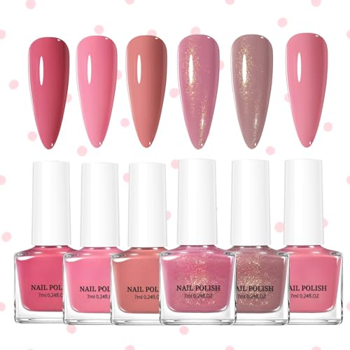 6PCS Pink Nail Polish Set,Air Quick Dry Nail Varnish,Rosy Pink Gold Glitter Brown Nail Varnish,Shimmer Nail Polishes Kit For Women Girls Gift No Need UV
