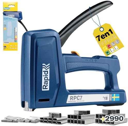 Rapid RPC7 Grapadora Manual Pesada 7-en-1 para Madera y Tapicería, Grapas y Clavos Incluidos, 2990 piezas, Versátil para Bricolaje, Cables y Alfombras, 50% Más Fácil de Presionar, Fabricado en Suecia