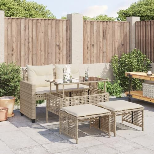 Owoxanthellate 4-TLG. Gartensofa Beige 122x57x79 cm inkl. ausziehbarem Glas-Tisch und dicken Outdoor-Kissen aus wetterfestem Poly-Rattan für Terrasse Balkon Wintergarten und kleine Sitzecke