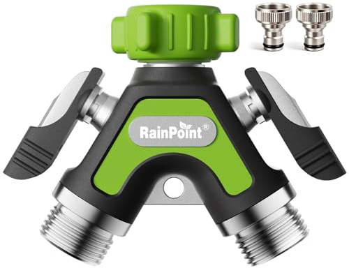 RAINPOINT 2 Wege Verteiler, Vollmetall-Schwerlast-Wasserverteiler mit 5.2 cm Extra Langer Seitenhebel & Absperrventilen, Gartenschlauch Y Verteiler 3/4 & 1/2, Gleichzeitiger 2 Fach Anschluss(Grün)