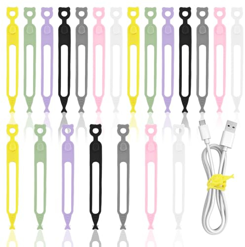 Padorul 21 Pack Cute Bear Silicone Cable Ties Reusable Cord Organizer for USB Charging Cables Headphones Office Home Desk Management