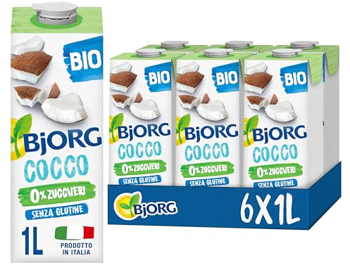 BJORG Bevanda di Cocco 0% Zuccheri Biologica 6x1L | Bevanda vegetale, senza glutine, senza zuccheri, basso contenuto di grassi, prodotto in Italia, bio, vegan