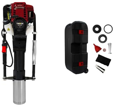 Gas Powered Post Driver 4 Stroke Petrol Fence Post Rammer Pile Driver Jack Hammer for T Posts, Picket Fencing, Farm & Construction with 4 Adapter Attachments, Carry Case & Tool Kit Bundle