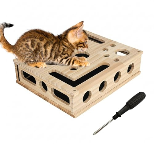 BEELUKY Rompecabezas rascador caja de juegos de madera gatos cuidado de garras juguete 30 x 25 cm juguete rascador para gatos rascador interactivo juguete para gatos de interior gatitos garras de gato