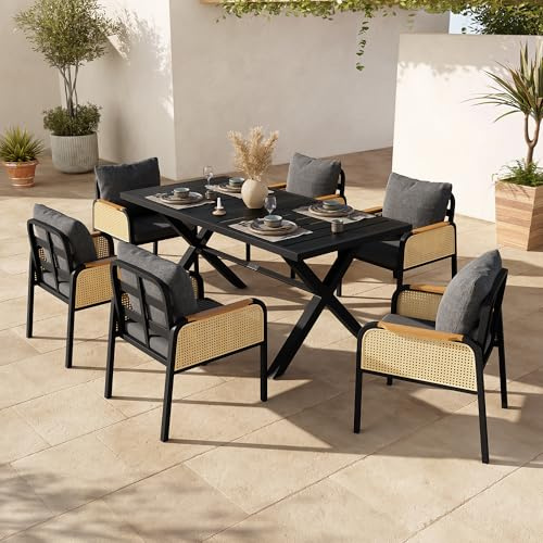 ECLIVON Conjunto de Jardin Exterior para 6 Personas, 7 Piezas, Set Muebles Jardin con 6 Sillones de Ratán y Mesa, Sillas con Cojines, Juego de Muebles de Jardín para Terraza Patio (Negro + Natural)