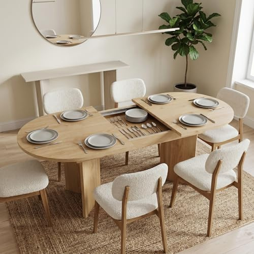PLLBIKK Table de salle à manger ronde extensible - 120/160 x 80 x 75 cm - Table de cuisine pour 4 à 6 personnes - Chêne