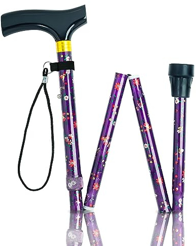 Amazing Health Flower Folding Walking Stick T-Shape Wooden Handle - Height Adjustable with FREE wrist strap and spare ferrule (Purple)
