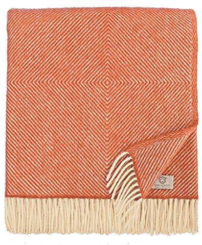 Linen & Cotton Chaude et Douce Grande Couverture en Laine Alaska Diamant Sergé - 100% Pure Laine de Nouvelle-Zélande, Orange Corail (140 x 220 cm) Plaid Dessus de Lit Couvre-Lit Jete de Canape