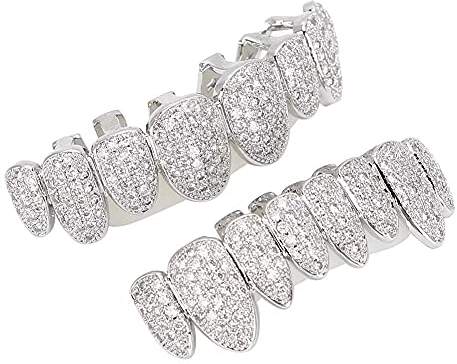 Denti da barbecue, Hip Hop Teeth Grills finto punk hip hop denti bocca superiore inferiore diamante denti denti Halloween festival musica festa rapper costume decorazione