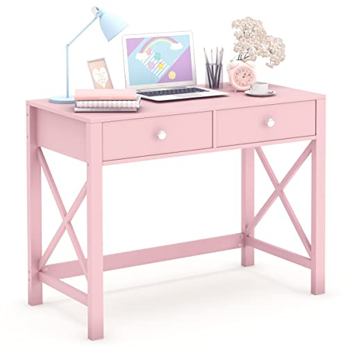 WiberWi Home Office Desk with Drawers, Modern Writing Computer Desk for Bedroom, Small Makeup Vanity Table Study Table for Home Office,Pink