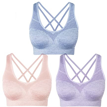 NAKQU Damen Sport BH Set Ohne Bügel Kreuz Rücken Yoga Bustier Gepolsterter 3er Pack, Rosa, Blau, Lila, 2XL