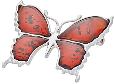 AMBEDORA Women’s Silver Brooch Large Butterfly with Amber, Polished Sterling Silver, Cognac Baltic Amber, Gift Set
