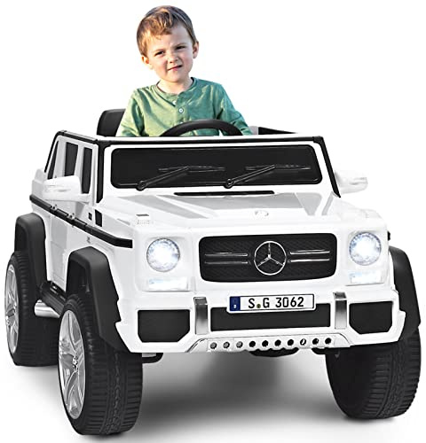 GYMAX Kids Ride on Car, 12V Battery Powered Licensed Mercedes Benz Toy Car with Remote Control, Music, Story, USB/TF Slot, Storage Box & Safety Belt, Children Electric Truck for 3-8 Years Old (White)