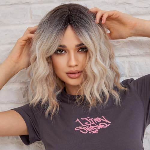 WOKESTAR Bob Curly Wig with Fringe, Short Synthetic Wavy Wigs for Women Blonde with Dark Roots Color